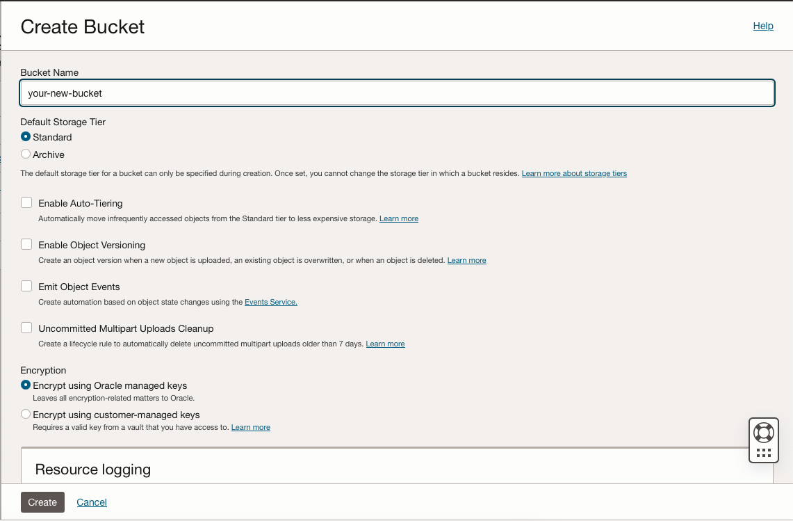 Create new bucket in OCI