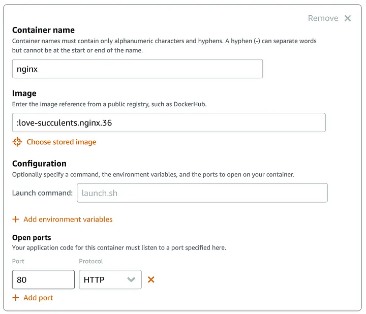 Lightsail container settings NGINX