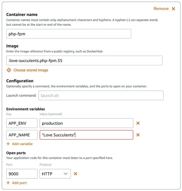 Lightsail container settings PHP-FPM