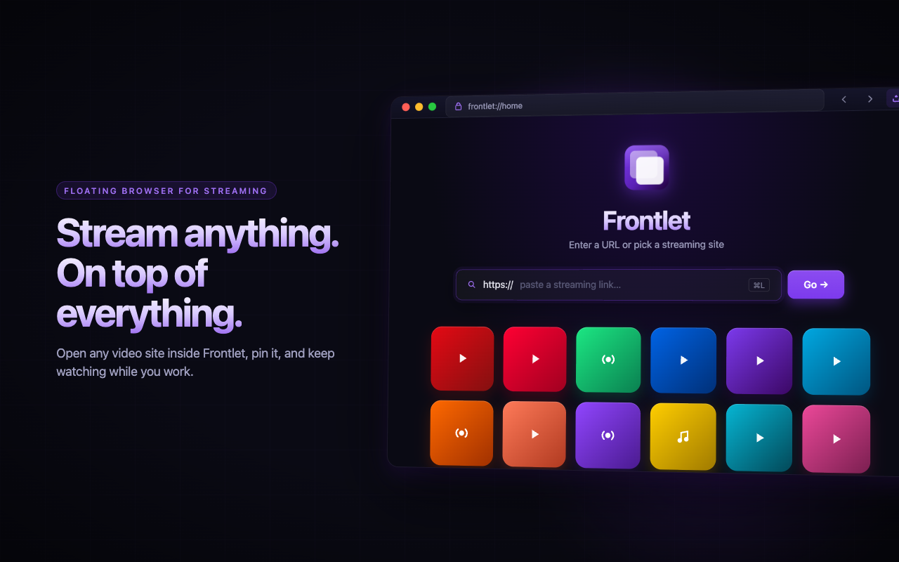 Frontlet launch screen with a URL bar and quick-launch shortcuts to popular streaming sites