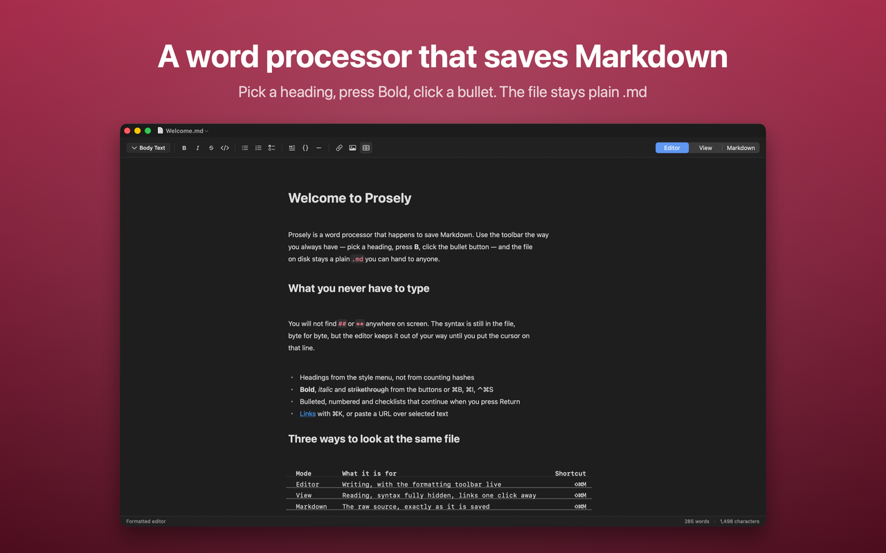 Prosely in editor mode: a formatted document with a word-processor toolbar and no markdown syntax on screen