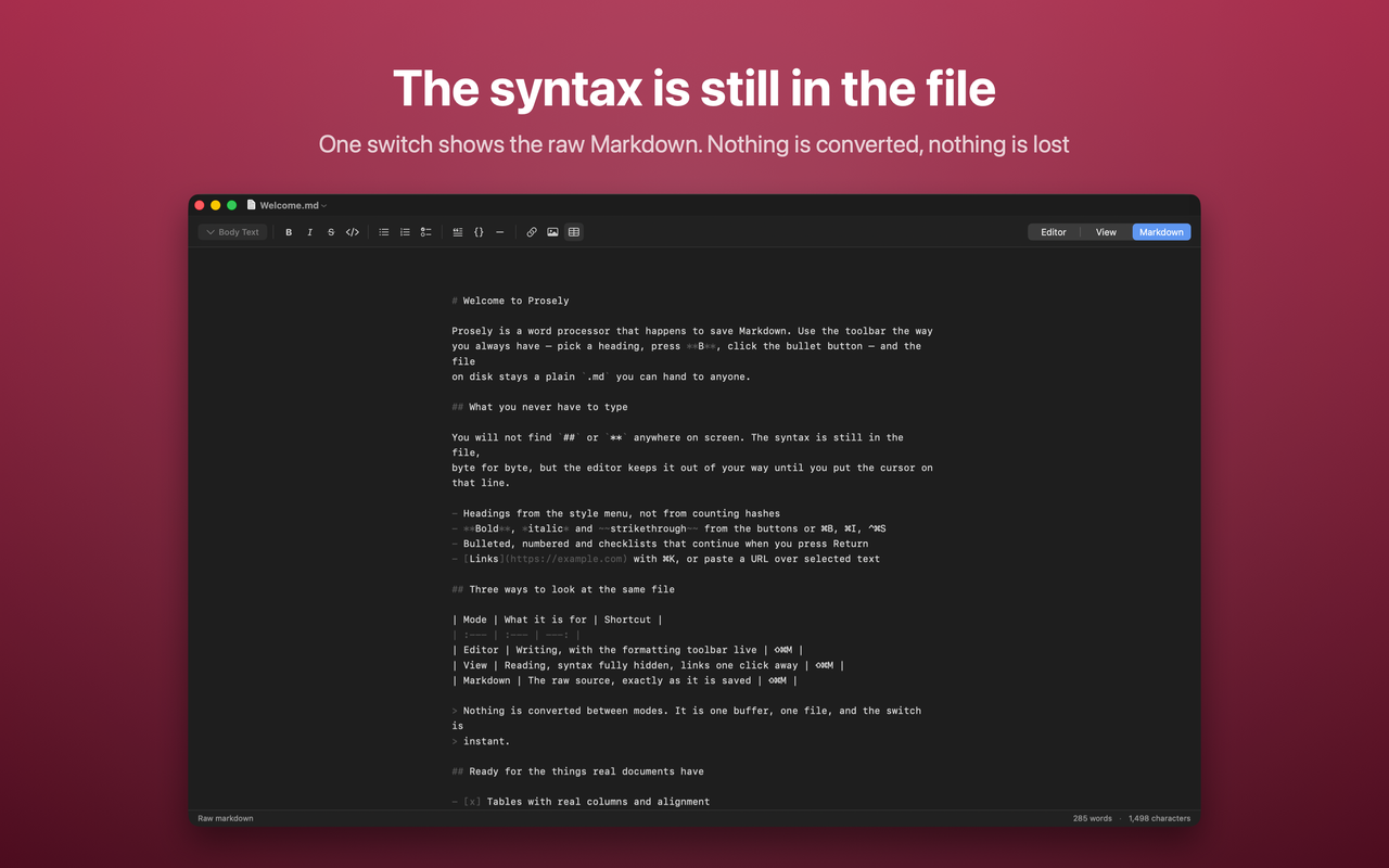 The same document in markdown mode, showing the raw source with tinted syntax characters