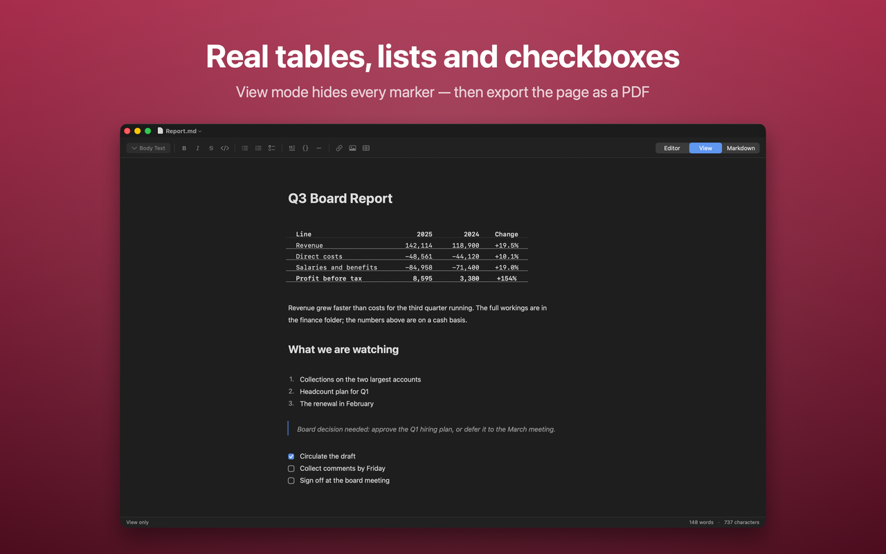 Prosely in view mode showing a board report with a real table, a numbered list, a quote and checkboxes