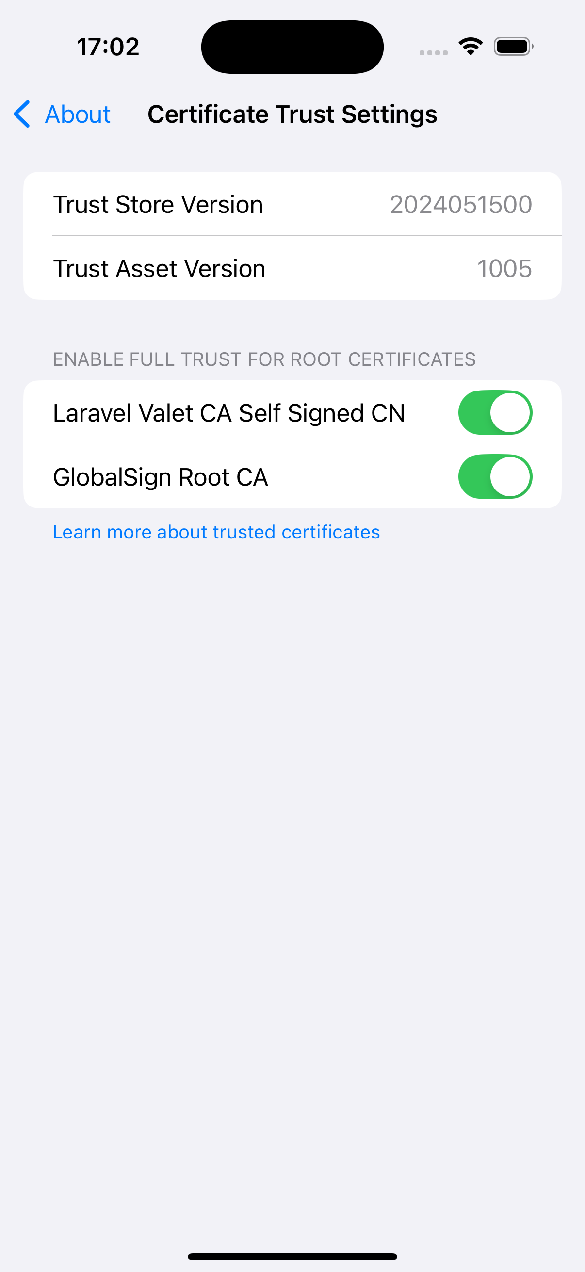 Trust store after import of root certificate