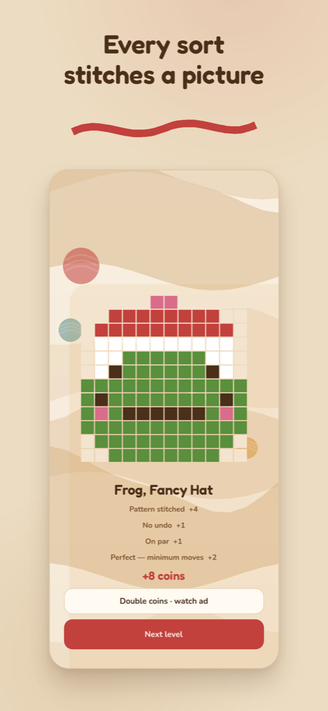 Win screen showing a finished pixel frog with a fancy hat and the coins earned