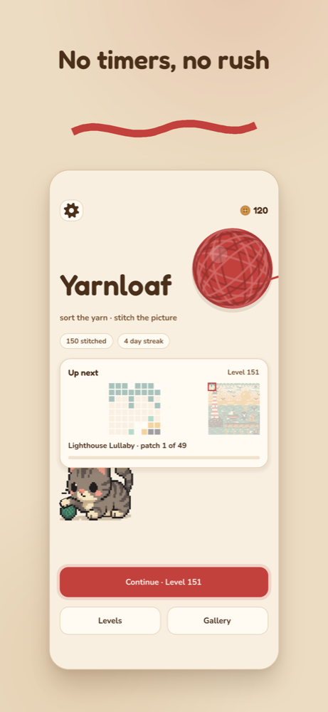 Yarnloaf home screen with the next picture to stitch and a pixel kitten playing with yarn